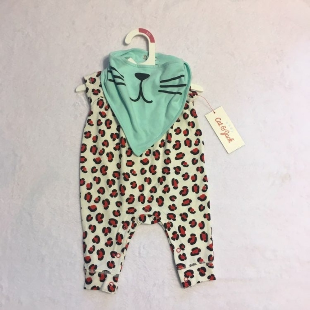 Cat & Jack Leopard Romper Bib Set Baby Newborn Cream Red NWT Sleeveless Cat Face